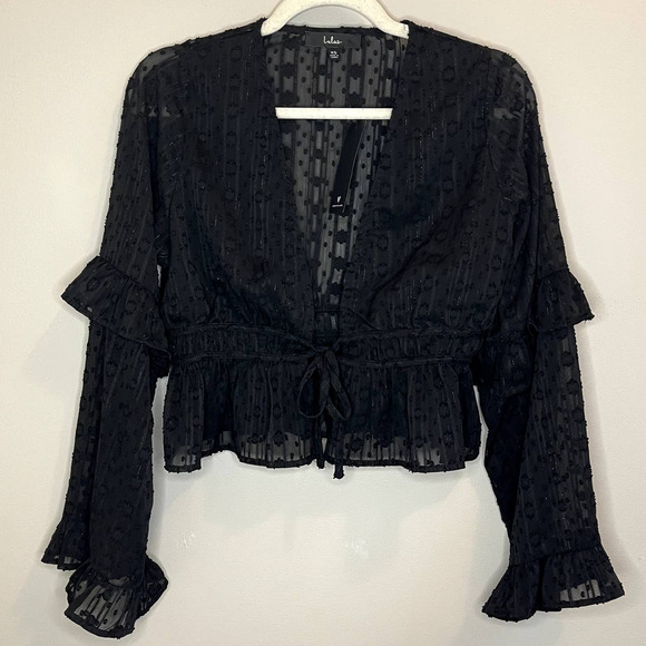 NWT Lulu's Lace Tie Cropped Blouse | Black Top | Romantic Flirty | XS - Picture 1 of 7